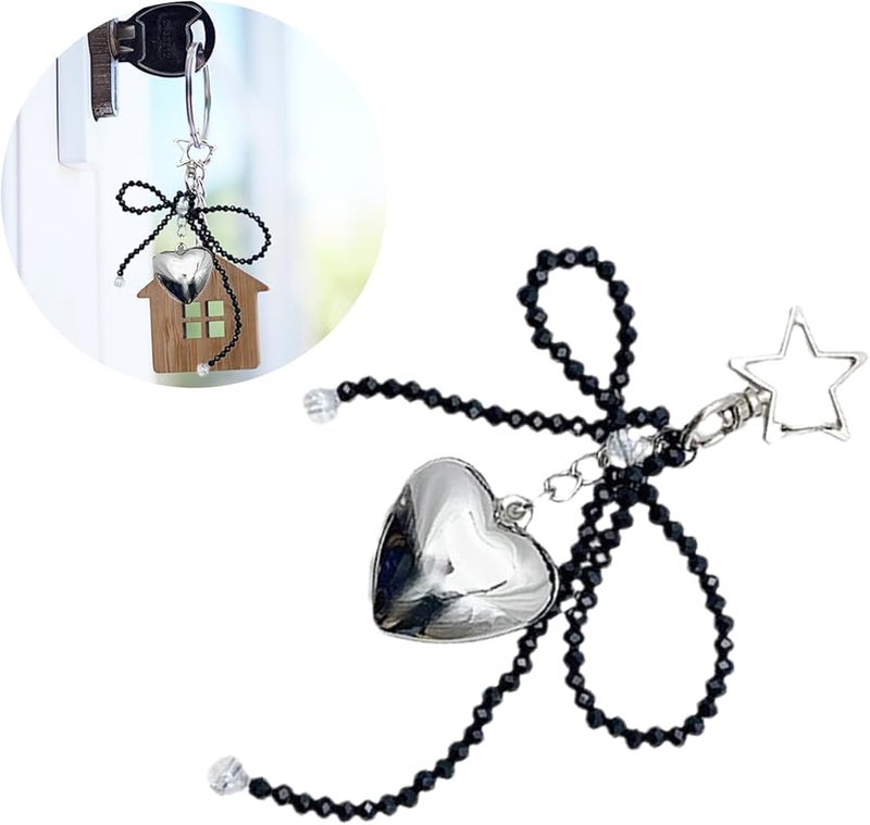 Black Cute Love Heart Phone Chain with Beaded Bowknot Dainty Hanging Decoration - Image 2
